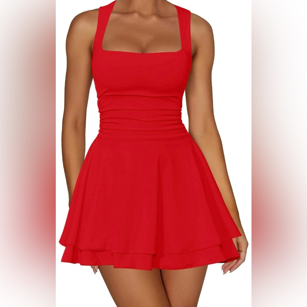 Kaximil Women's Square Neck Ruffle Hem Mini Dress Ruched Waist Dress Size XL